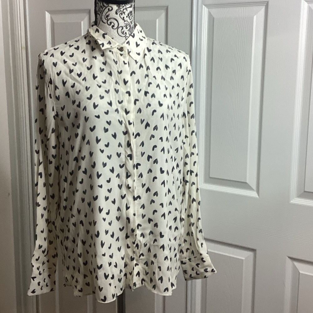 Zara Cream‎ & Black Heart Print Button Up L